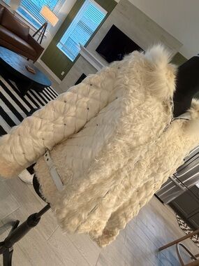 Studded Curly Lamb Fur Fox Fur Lamb Skin Goat Skin Hooded Jacket Cream Large